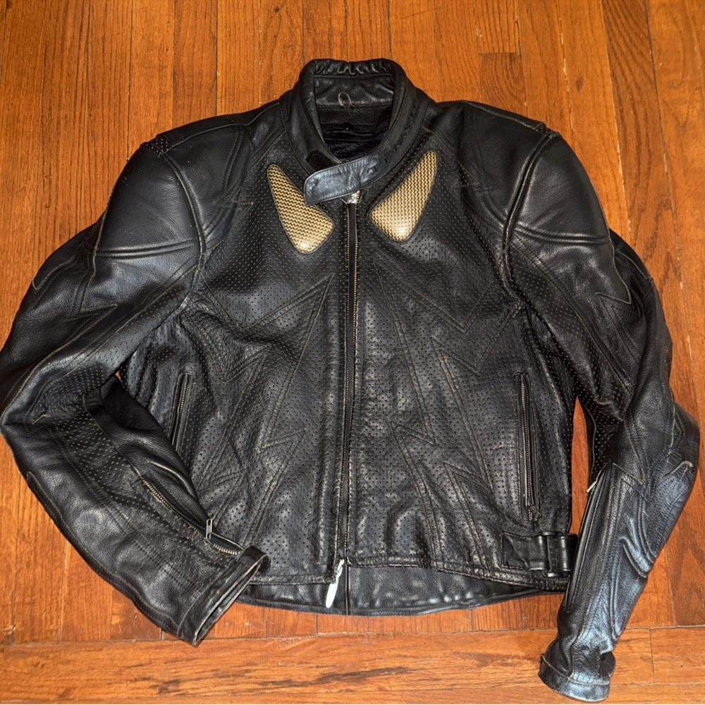 Vtg 90s Teknic Black Padded Leather Motorcycle Motocross Racing Jacket Size 42